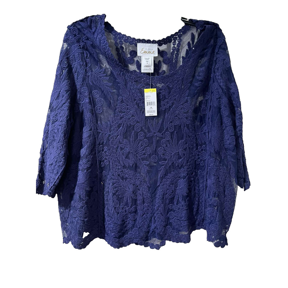 Emma WOMENS PLUSCROCHET Women EMB TOP ECLIPSE Blue Size 1X A001775